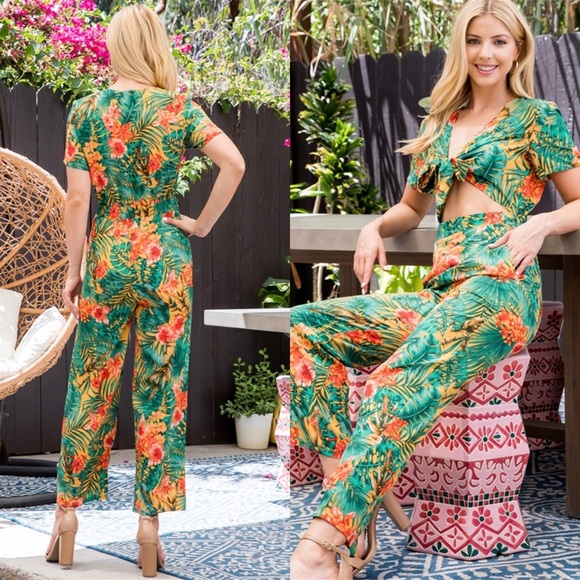 NEW WOMENS ARRIVAL TROPICAL FLORAL CROPPED BOW TIE GREEN YELLOW FLORAL JUMPSUIT - Picture 5 of 9